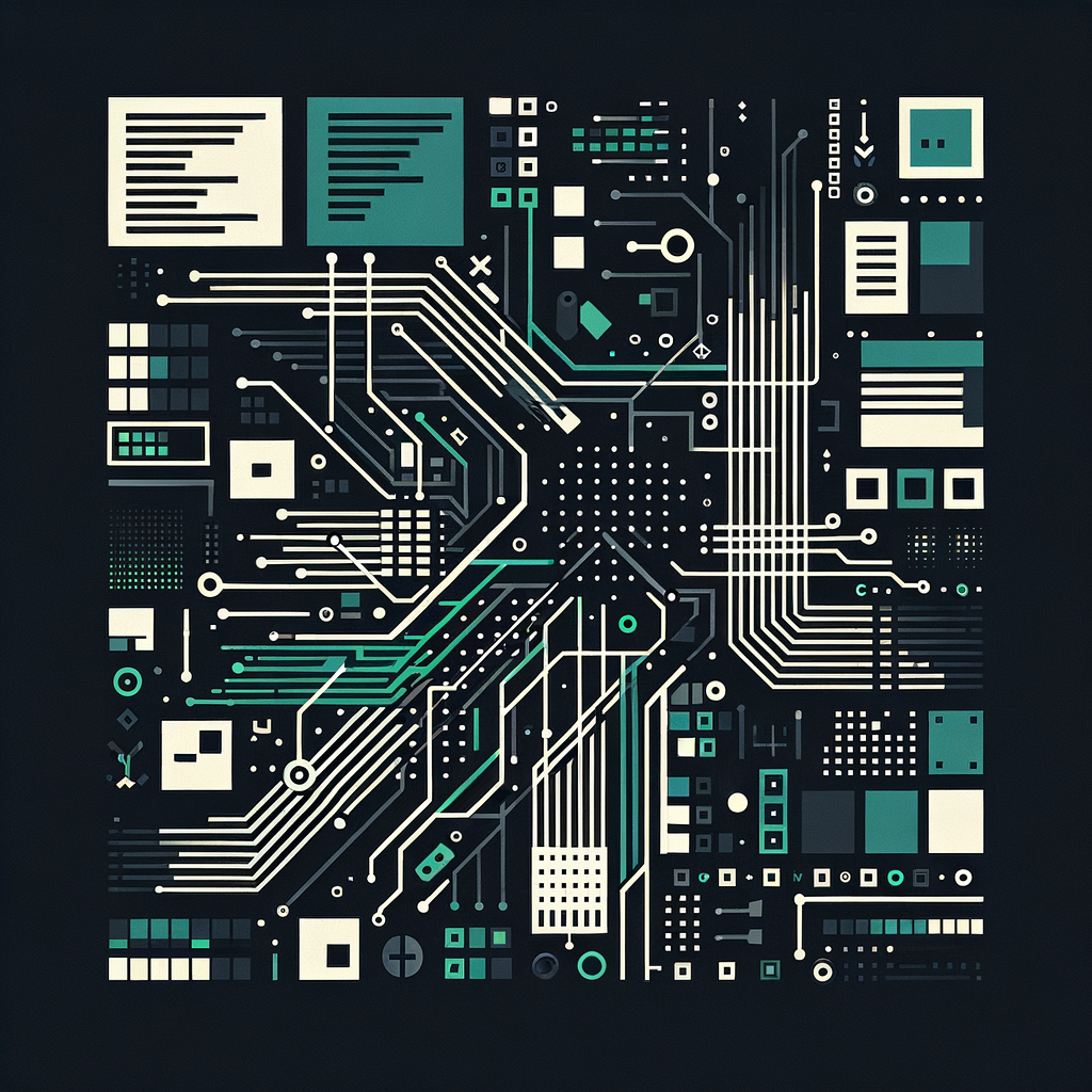 Crea una imagen minimalista que represente la tecnología y la programación. Utiliza elementos visuales como líneas de código en forma de símbolos, bloques de datos y circuitos de computadora. La paleta de colores debe ser sobria, con fuertes contrastes, como el negro y verde o azul, para evocar una sensación de innovación y lógica.