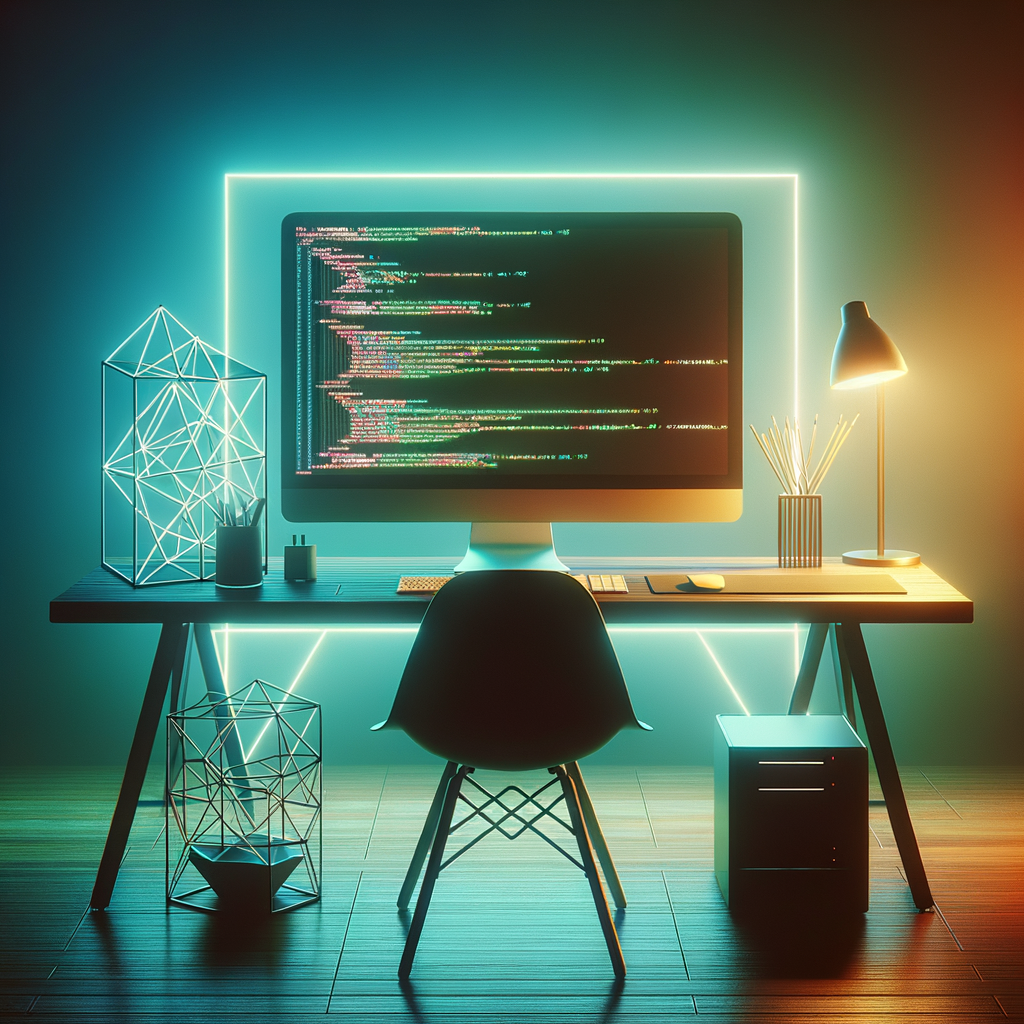 Crea una fotografía minimalista que represente la tecnología y la programación. La imagen debe mostrar una mesa de trabajo con una computadora moderna y una pantalla con líneas de código en segundo plano. Utiliza iluminación suave pero contrastante, con colores fríos, verde y azul, para reflejar un ambiente de innovación y lógica digital.