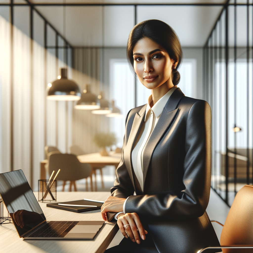 A professional, realistic portrait of a confident businessperson in a modern office setting. The person is dressed in formal attire with a tailored suit, sitting at a desk with a laptop open, surrounded by minimalistic office decor. Soft natural lighting illuminates the space from a nearby window, casting a gentle glow on the scene. The office has clean lines, glass walls, and neutral-colored furniture, conveying a professional, modern, and sleek aesthetic.