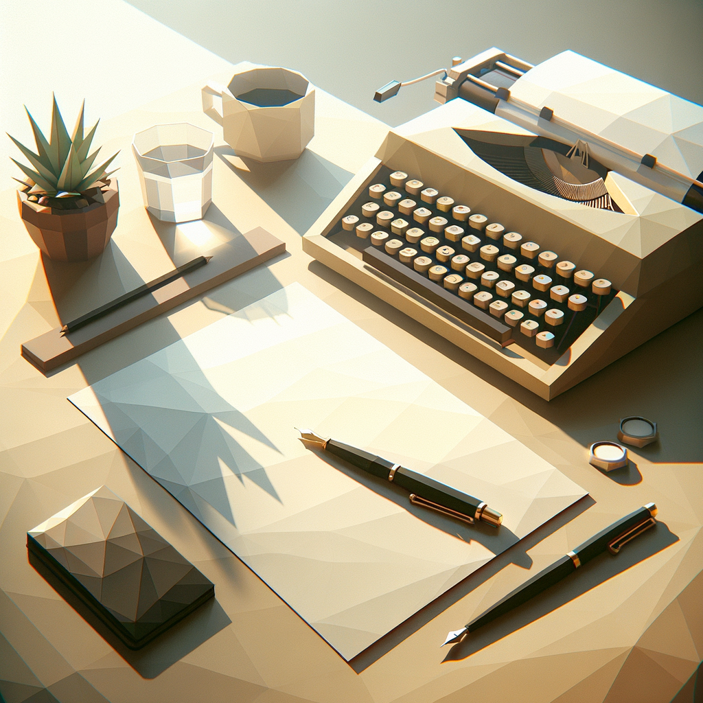 Create a minimalist photograph representing document creation. The image should show a clean desk with a blank sheet of paper, a simple pen, and perhaps a laptop or a typewriter in the background. The composition should focus on negative space, with soft lighting and neutral tones like beige, white, and gray, to evoke a sense of calm and creativity in the process.