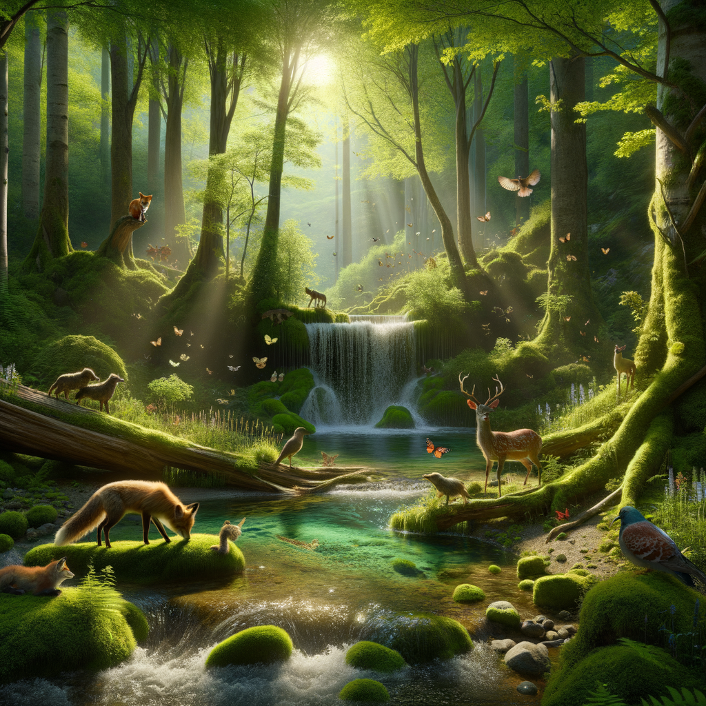 A hyper-realistic natural scene featuring a dense forest with tall, green trees and a sparkling waterfall cascading into a serene pond. The setting includes a variety of animals: a family of deer drinking water near the pond, colorful birds perched on tree branches, and a fox resting on a moss-covered rock. Butterflies flutter around wildflowers, and small fish can be seen swimming in the clear pond. The sunlight streams through the tree canopy, casting dappled light on the forest floor, creating a peaceful and vibrant ecosystem.